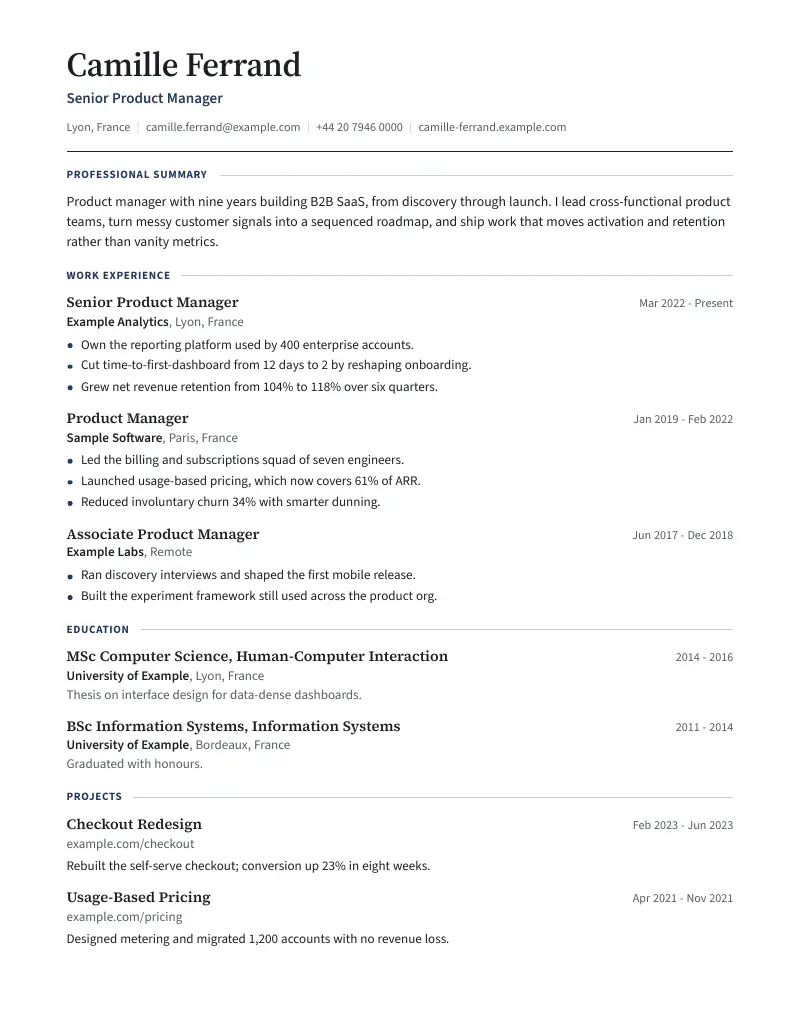 Example resume in the Meridian template