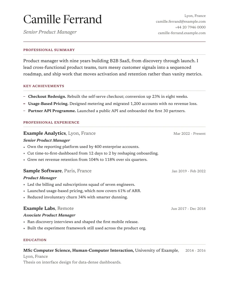Example resume in the Sterling template