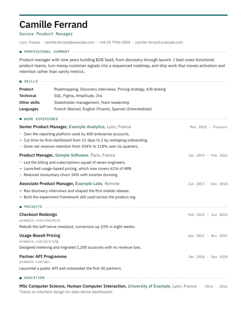 Example resume in the Vector template